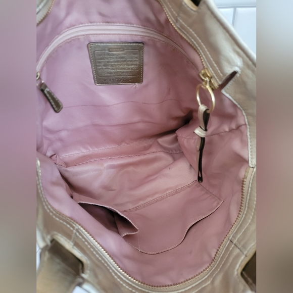 Coach Audrey Gold Metallic Leather Medium Size Tote Soft Pebble Leather Zip Clos - Picture 9 of 13